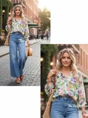 Pilcro ANTHROPOLOGIE NWT Watercolor Floral Sidney Batwing Sleeve Button Down Top